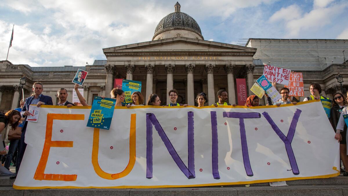 Members of the public take part in a 'Remain In' Rally in London's Trafalgar Square on June 21.