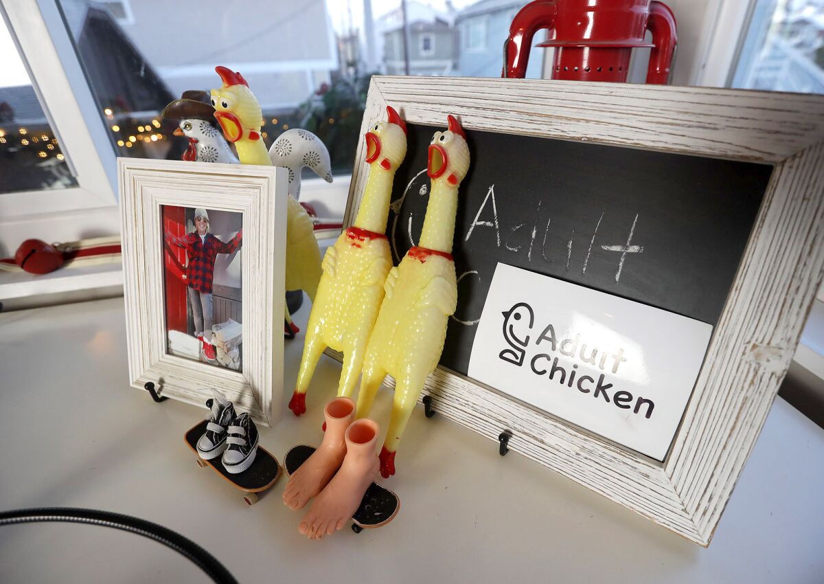 A few inspiring rubber chickens are part of Nikki Chase's podcast studio in Newport Beach.