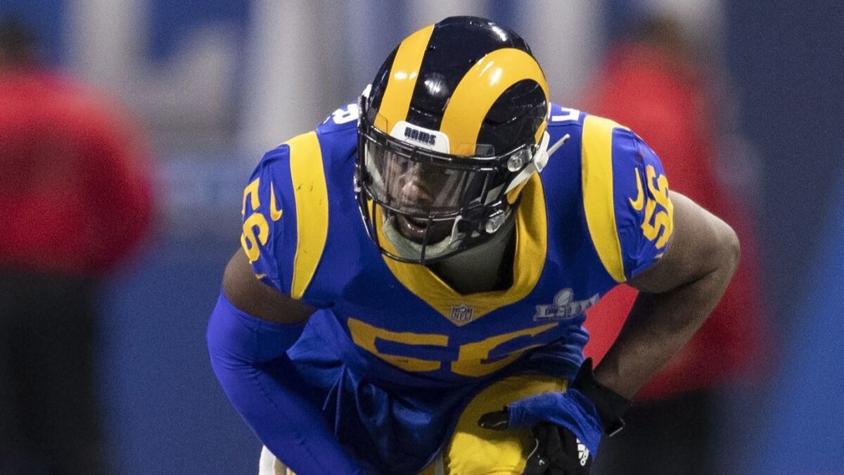 Rams linebacker Dante Fowler Jr. readies for the snap during Super Bowl LIII against the New England Patriots in February.