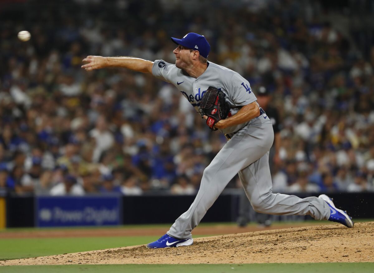 Dodgers starting pitcher Max Scherzer delivers against the San Diego Padres at Petco Park.