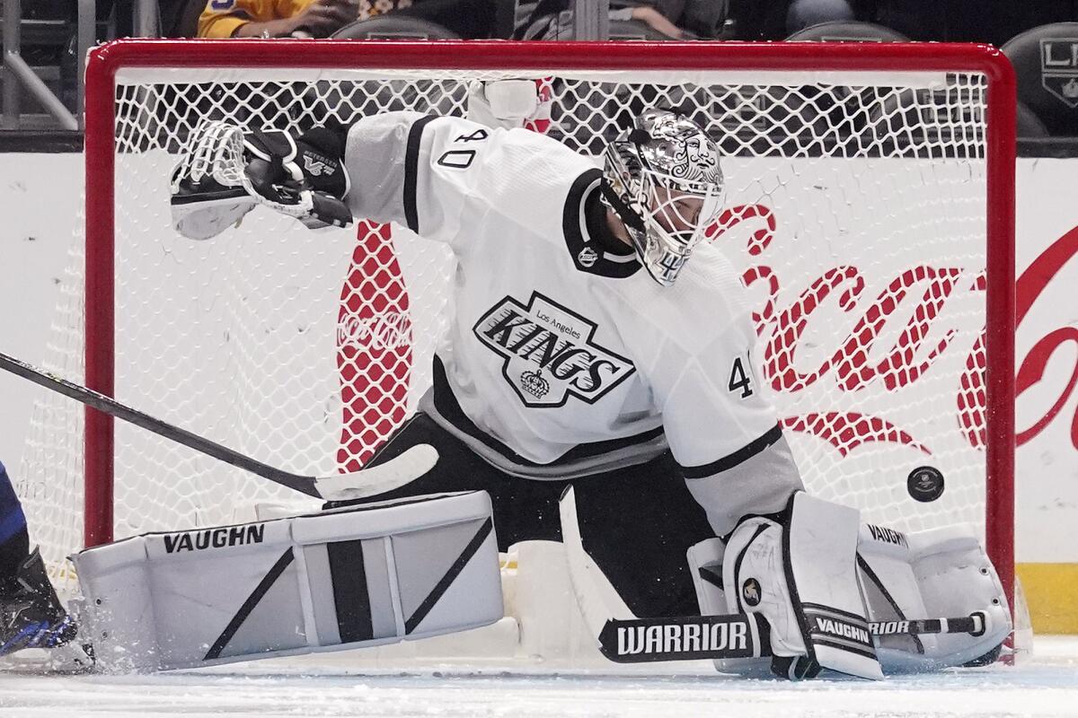 Kings goalie Cal Petersen stops a shot during the second period Oct. 29, 2022.