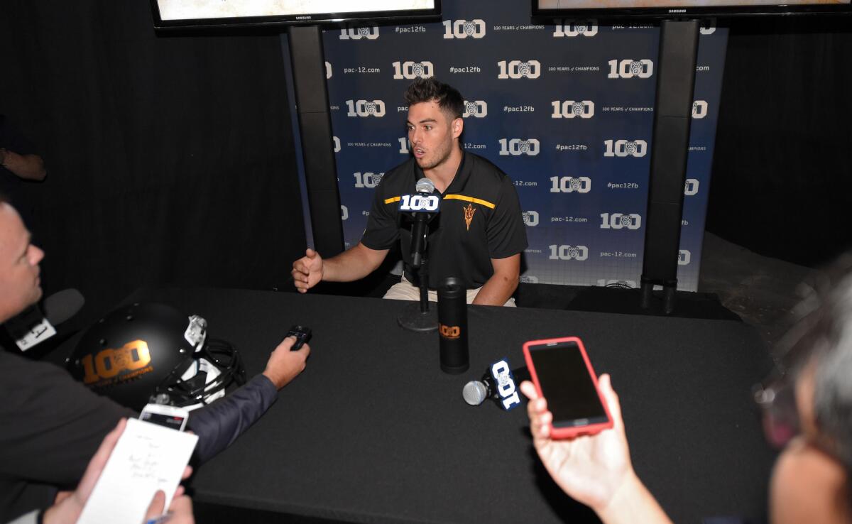 Arizona State quarterback Mike Bercovici speaks to reporters Thursday as part of Pac-12 football media days at Warner Bros. Studios in Burbank.