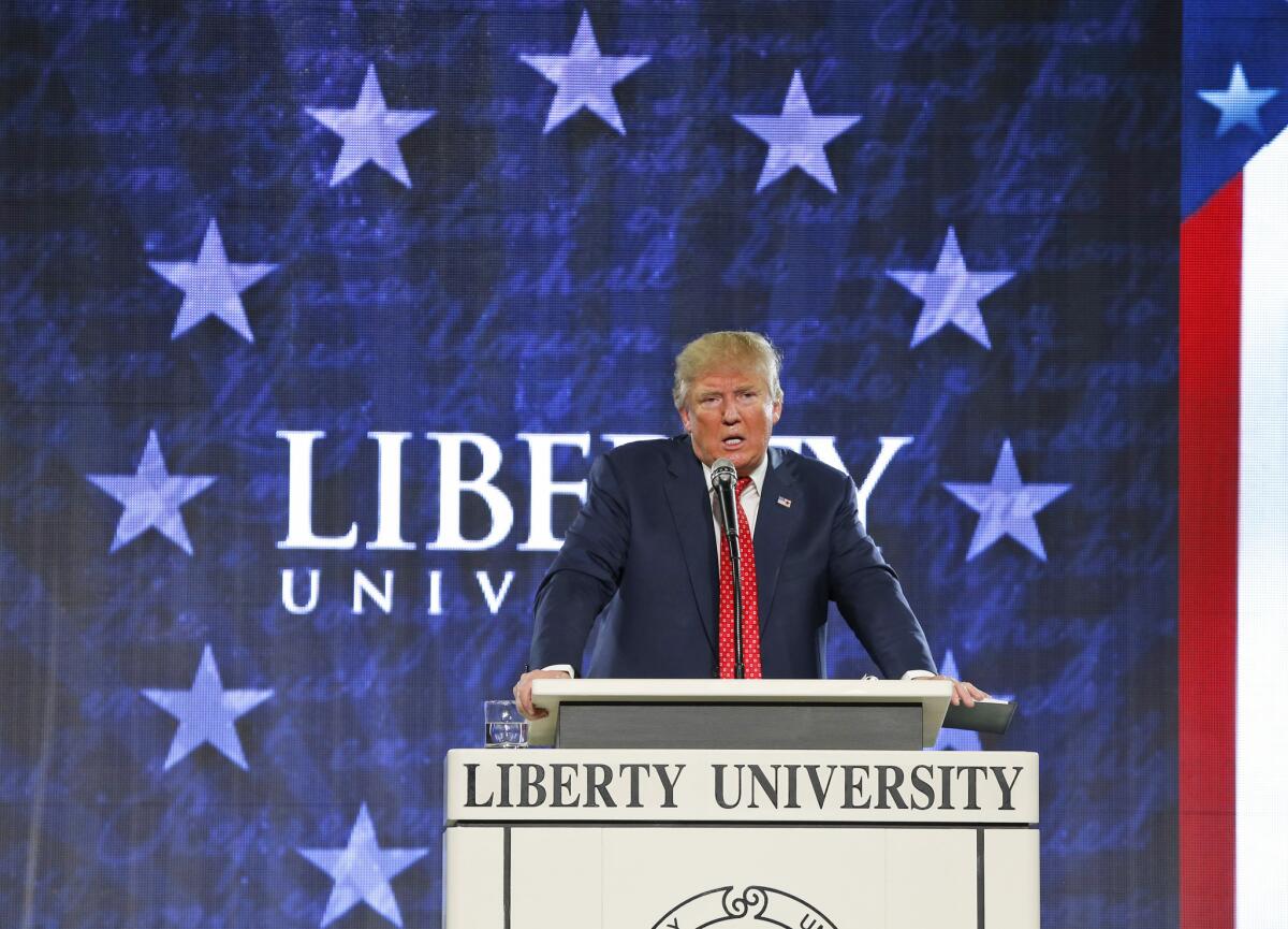 Donald Trump delivers a speech at Liberty University in Lynchburg, Va., last week.