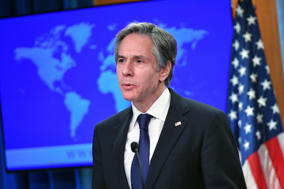 Secretary of State Antony Blinken speaks at the State Department.