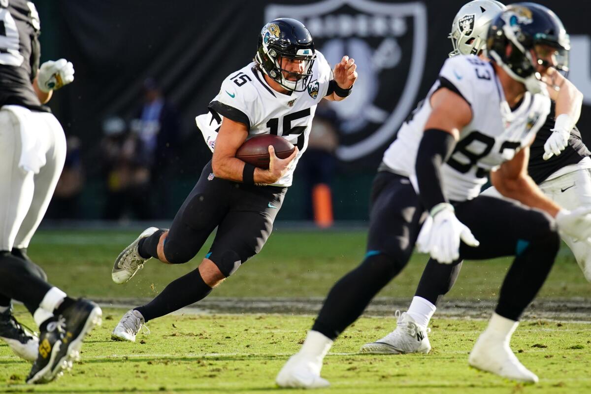 Jacksonville Jaguars quarterback Gardner Minshew runs with the ball during a win over the Oakland Raiders on Sunday.