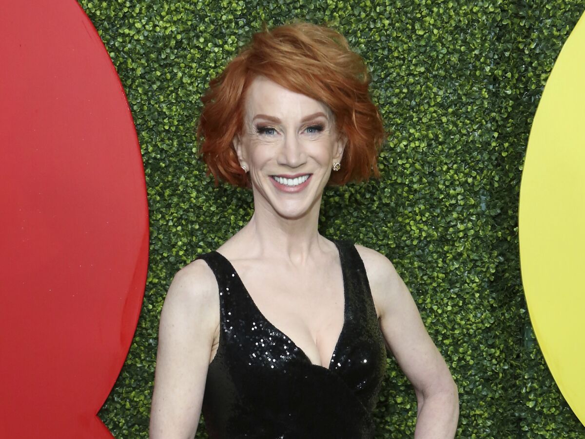 Comedian Kathy Griffin wears a black, sequined outfit at the 2018 GQ's Men of the Year Celebration in Beverly Hills, Calif.
