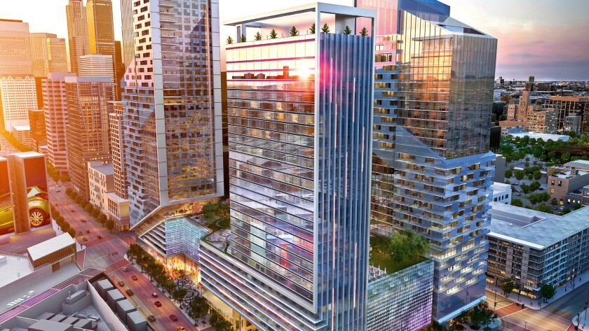 The W Hotel, to be built in a downtown development, is in the center foreground of this rendering.