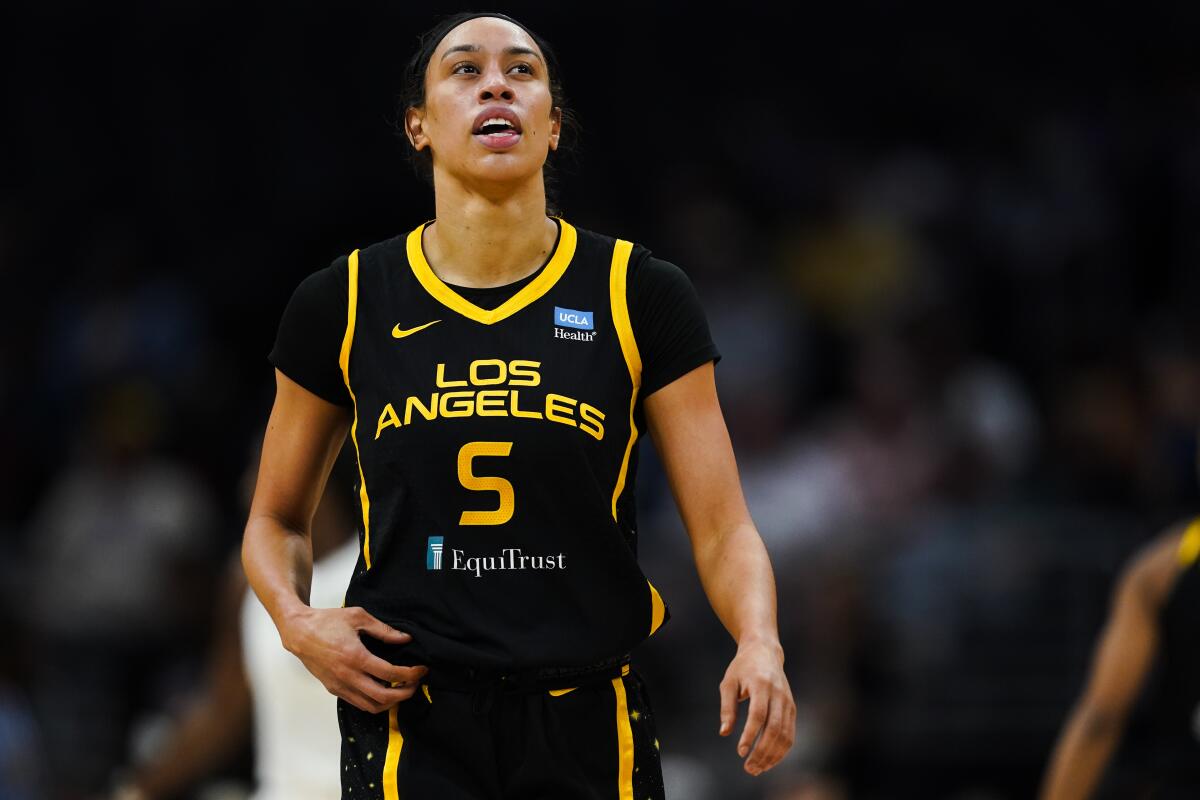 Sparks forward Dearica Hamby walks on the court during a game against the Aces in Las Vegas earlier this season.