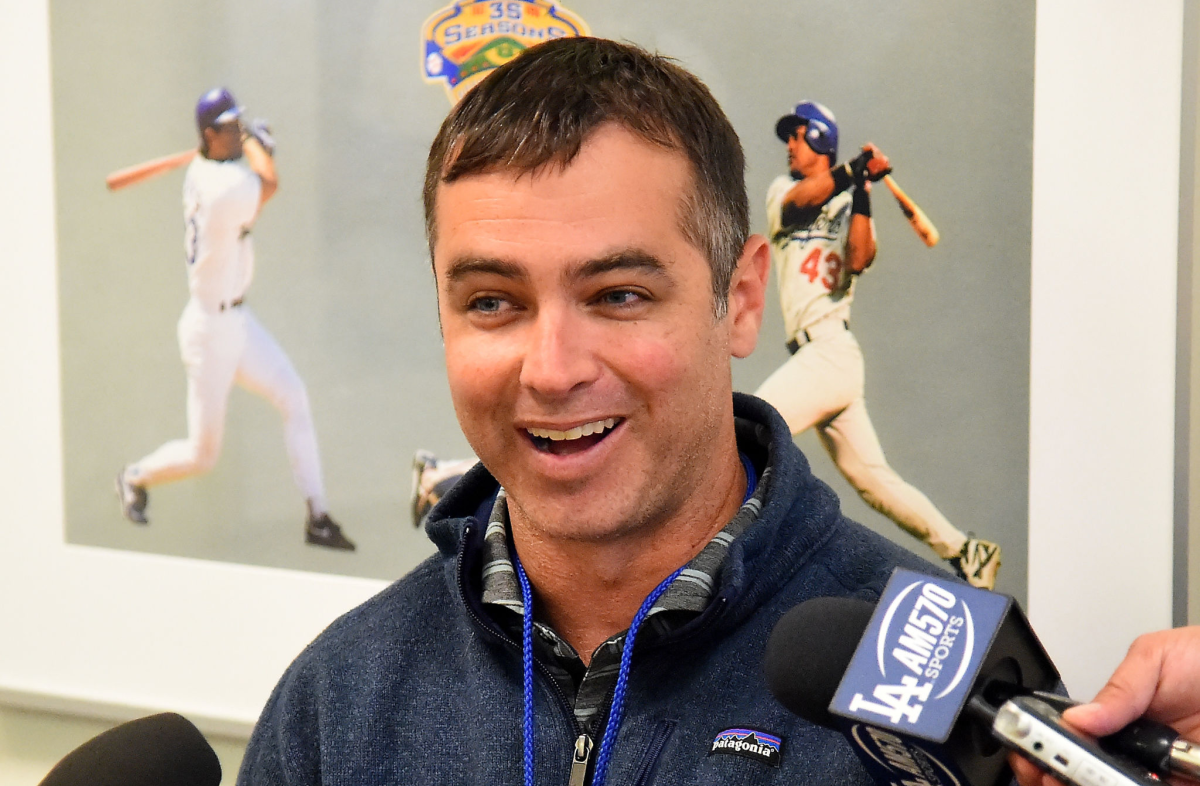 Billy Gasparino, head of amateur scouting for the Los Angeles Dodgers, speaks to the media.