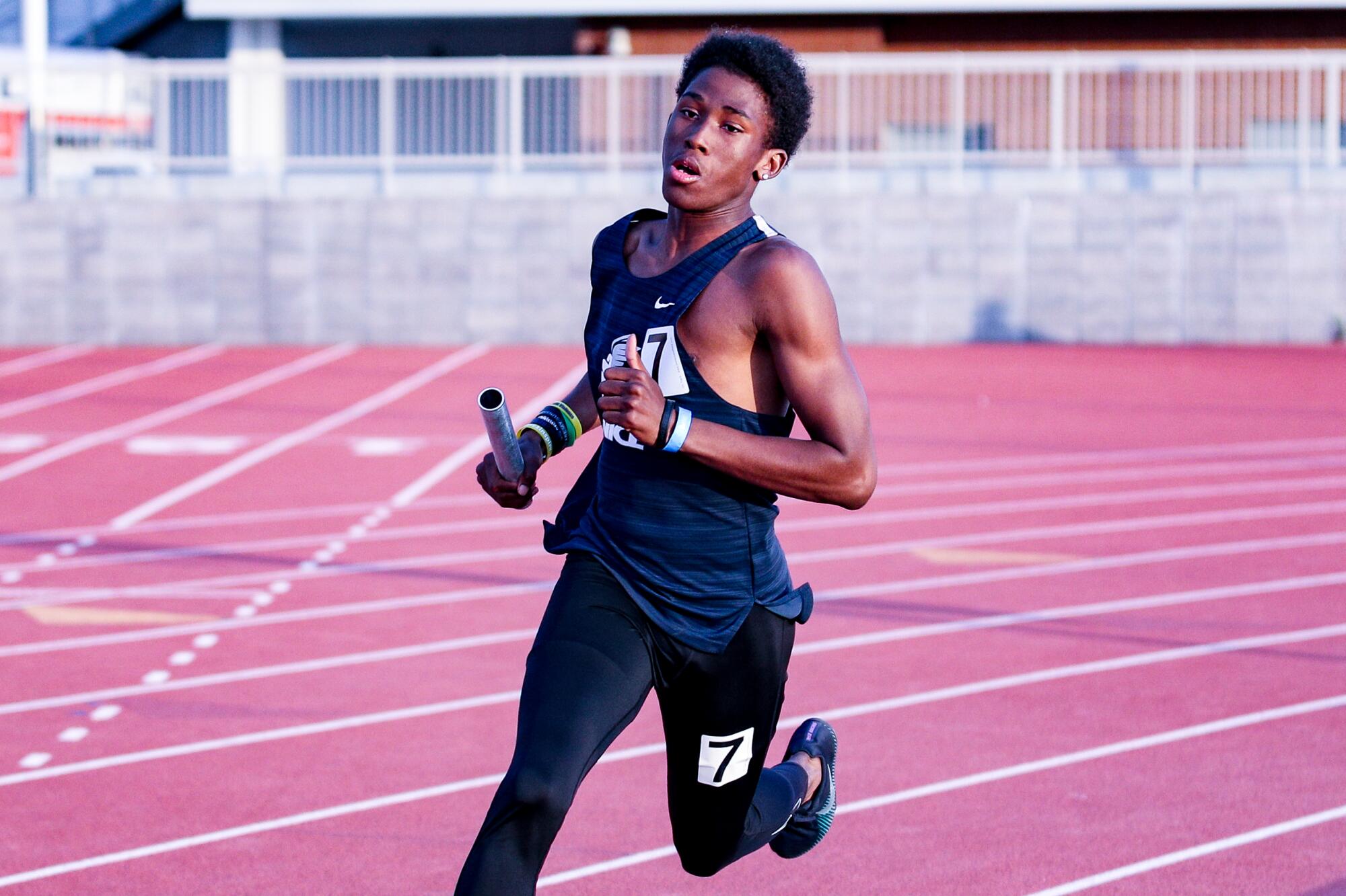 Venice High's Nathan Santa Cruz runs the anchor leg in the 4x400 relay.