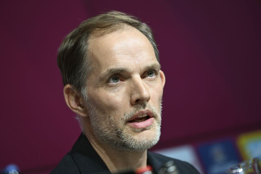 Bayern Munich's new head coach Thomas Tuchel speaks during a press conference, in Munich, Germany, Saturday, March 25, 2023. Tuchel has admitted he faces a challenging start to his new job after his surprise hiring Friday to replace Julian Nagelsmann. Tuchel's first game in charge is against German title rival Borussia Dortmund on April 1. (Angelika Warmuth/dpa via AP)