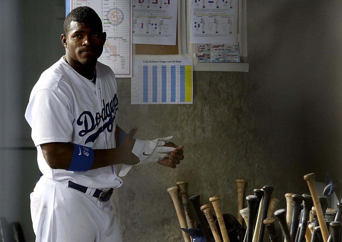 Dodgers outfielder Yasiel Puig, who left Monday's game with a leg injury, did not play Tuesday against the Colorado Rockies.