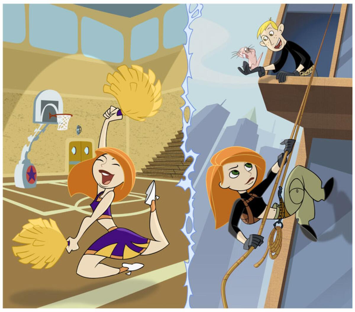 A split screen picture of animated character Kim Possible as a cheerleader and using a rope to climb a building