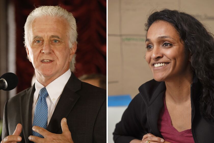 Left; L.A. city councilmember Paul Krekorian, and Los Angeles City councilwoman Nithya Raman. A citizens commission charged with redrawing L.A.'s City Council district boundaries have a draft map that would dramatically redesign districts represented by Krekorian, who is based in the San Fernando Valley, and Raman, a newcomer to City Hall who represents much of the Hollywood Hills.