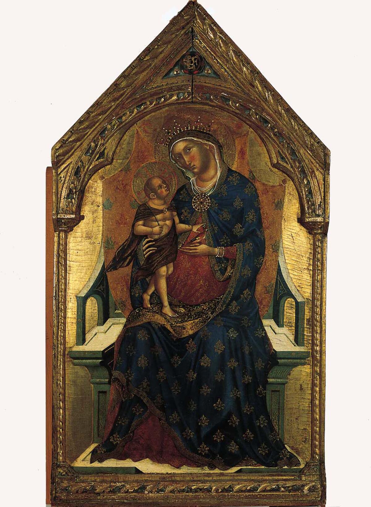 A Paolo Veneziano depiction of baby Jesus standing, adult-like, on Mary's knee.