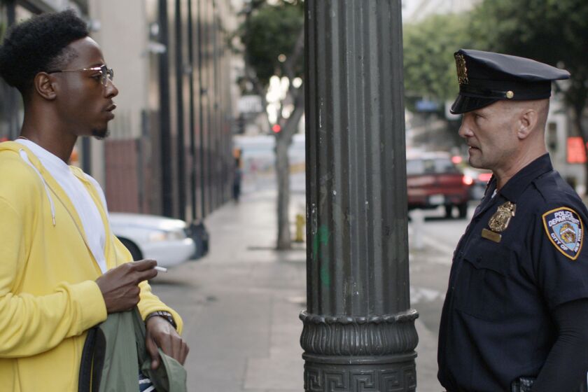 Joey Bada$$, left, and Andrew Howard in the Oscar-nominated 2020 live-action short "Two Distant Strangers" directed by Travon Free and Martin Desmond Roe. Copyright 2021 ShortsTV