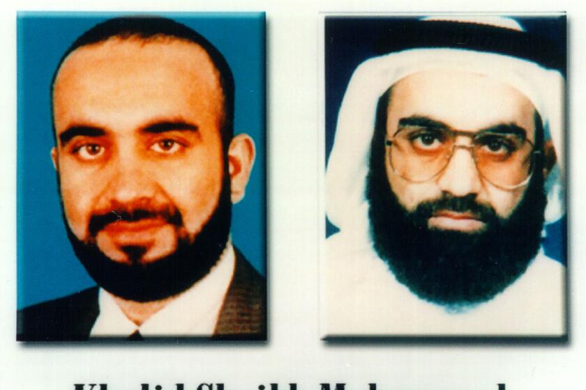 395630 20: (UNDATED FILE PHOTO) Khalid Shaikh Mohammed, a suspected al Qaeda terrorist, is shown in this photo released by the FBI October 10, 2001 in Washington, D.C. Mohammed was arrested at a house in Rawalpindi, Pakistan. The accused terrorist is said to be linked to nearly every al Qaeda terrorist attack, including the September 11, 2001 attacks in the U.S. (Photo Courtesy of FBI/Getty Images)