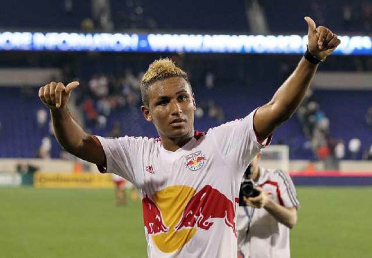 Juan Agudelo celebrates after the New York Red Bulls defeated the Houston Dynamo on May 9.