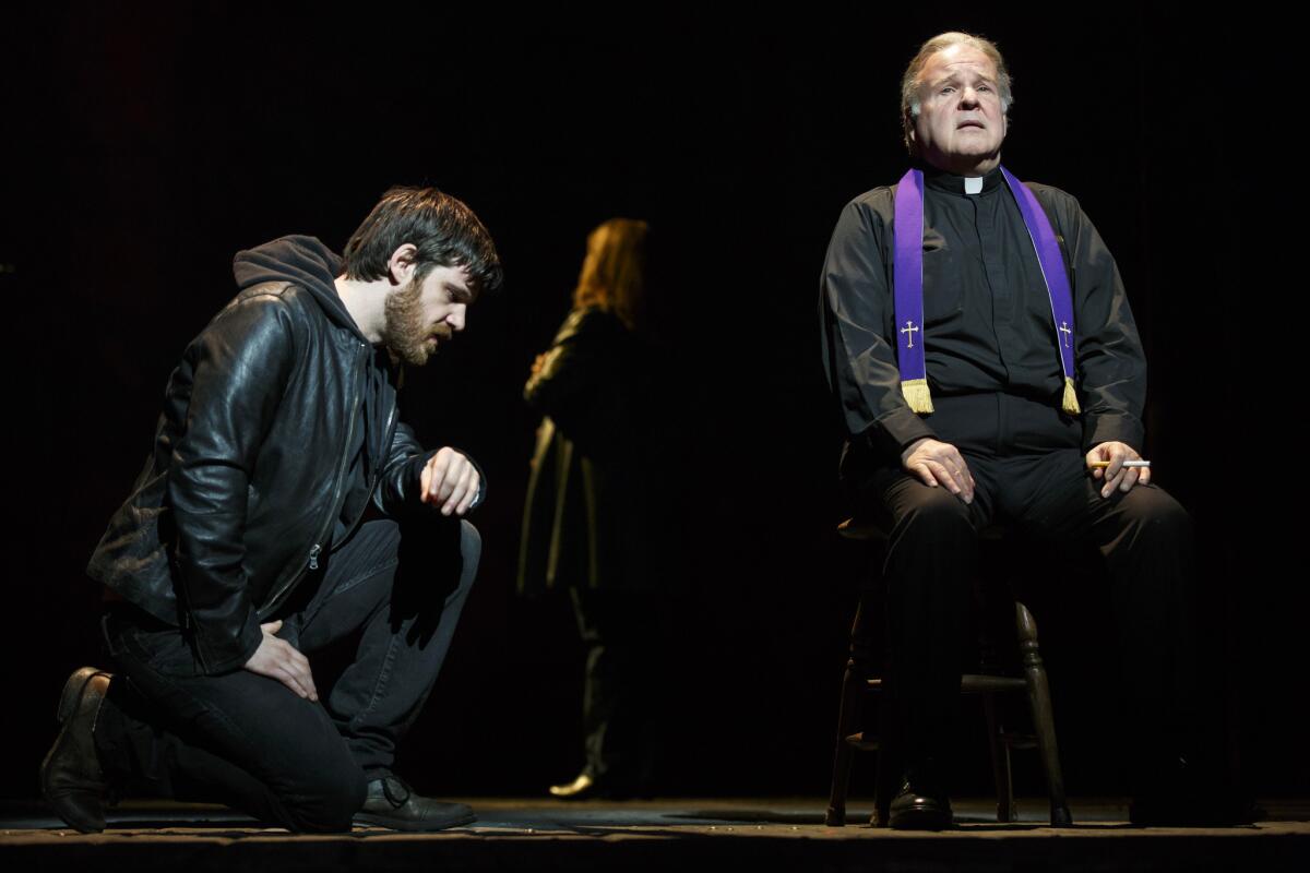 Michael Esper, left, and Fred Applegate, in a scene from the musical "The Last Ship" at the Neil Simon Theatre in New York.