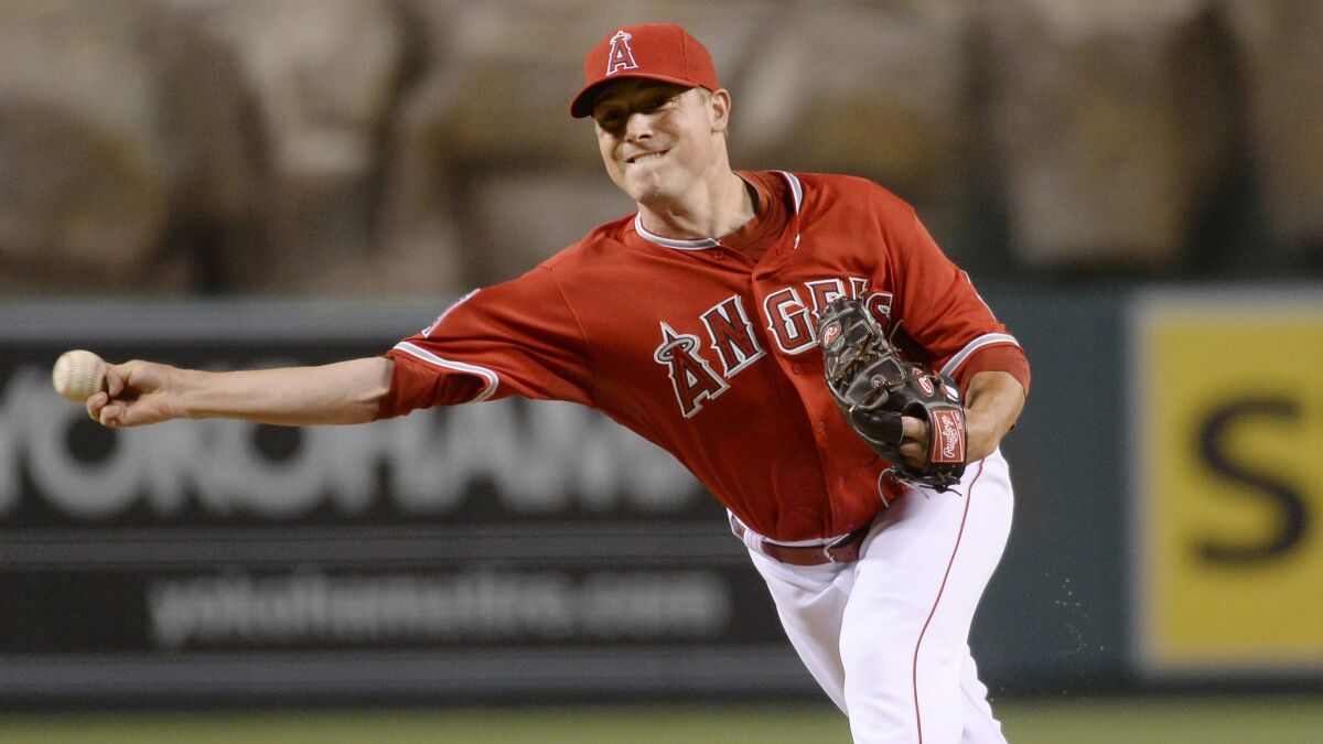 Angels closer Joe Smith throws during Saturday's win over the visiting Texas Rangers. Smith had a rough night in the bullpen Monday.