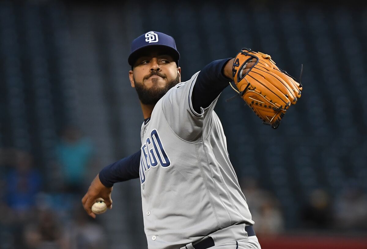 Pedro Avila of the San Diego Padres delivers a first inning pitch against the Arizona Diamondbacks at Chase Field on April 11, 2019 in Phoenix, Arizona. It is Avila's MLB debut.