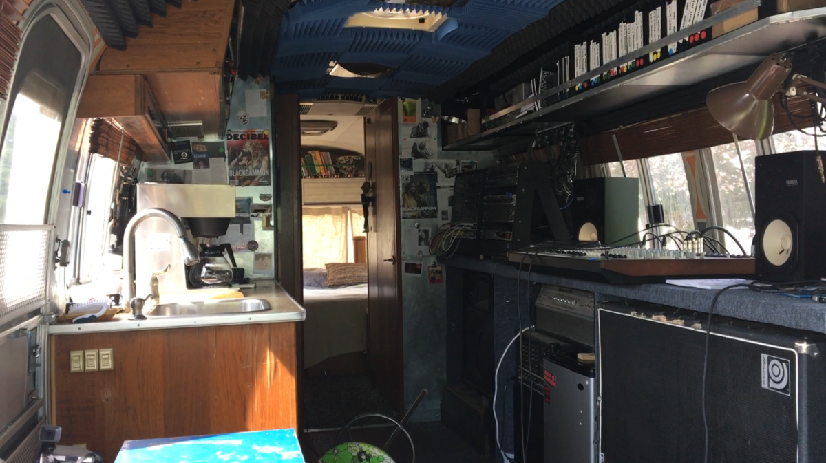 The interior of the Airstream in "Sound of Metal" has a do-it-yourself recording studio for the musicians who live in it. 