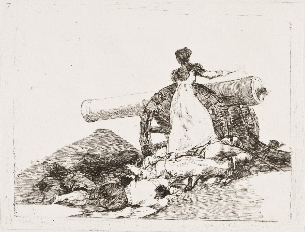 A woman stands on top of fallen bodies, a cannon behind her