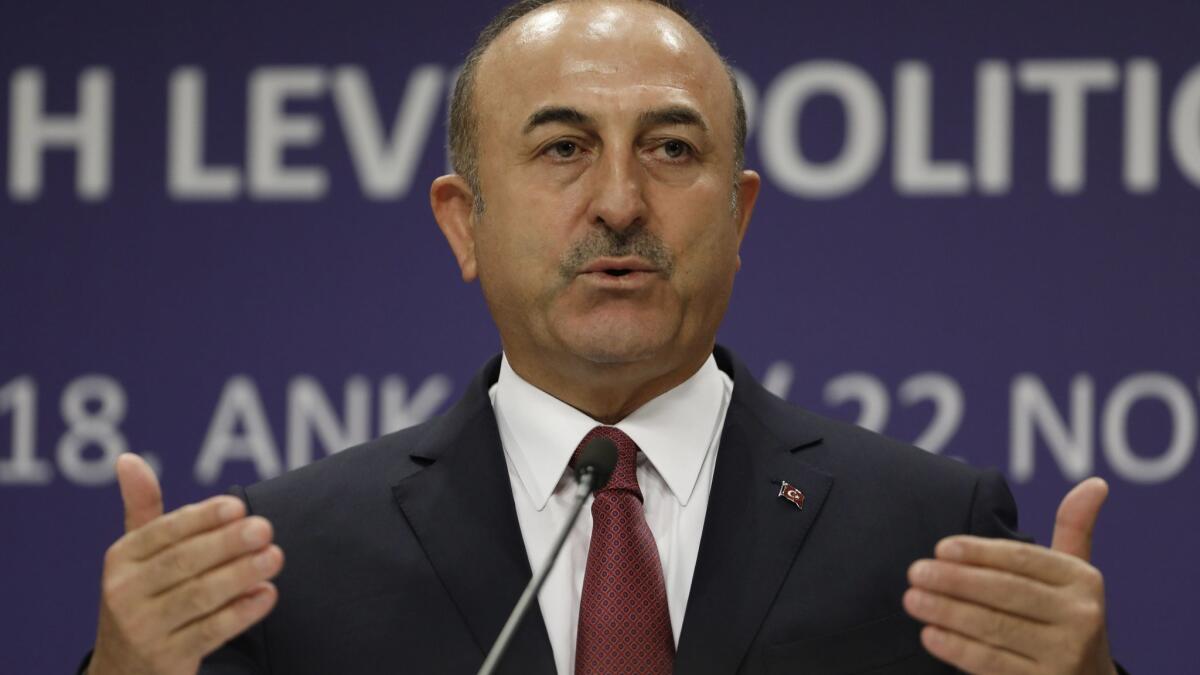 Turkish Foreign Minister Mevlut Cavusoglu speaks during a news conference in Ankara, Turkey, on Nov. 23.