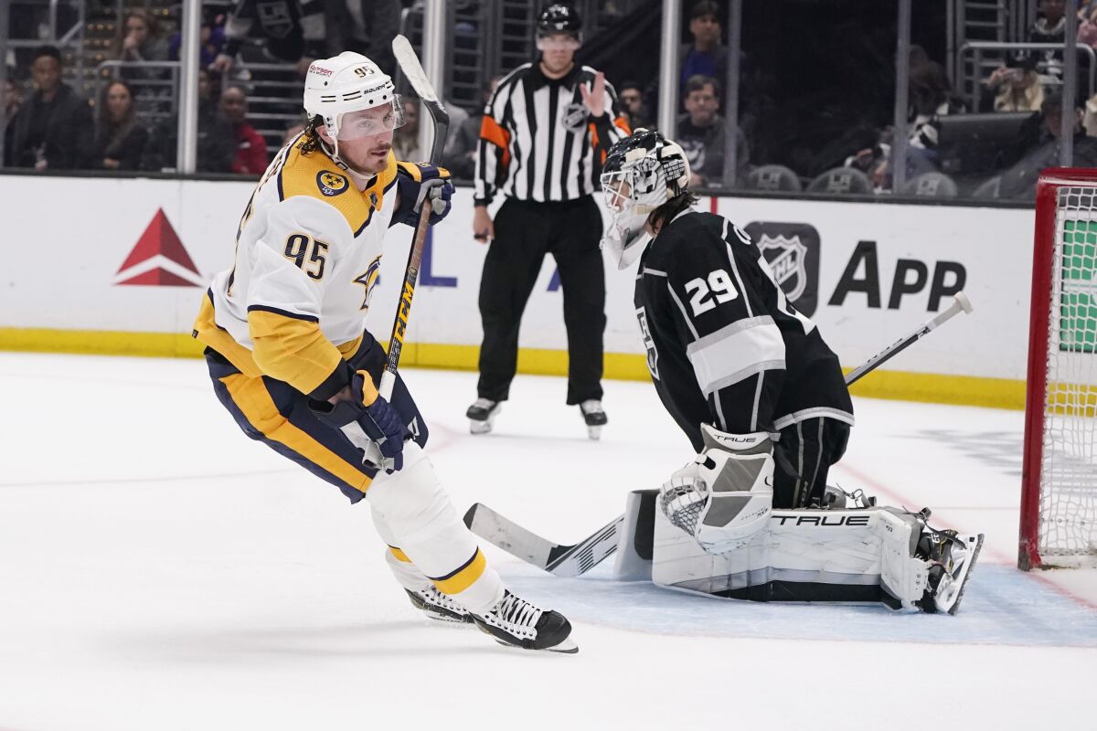The Predators' Matt Duchene, left, scores past Kings goalie Pheonix Copley for the only score in the shootout.