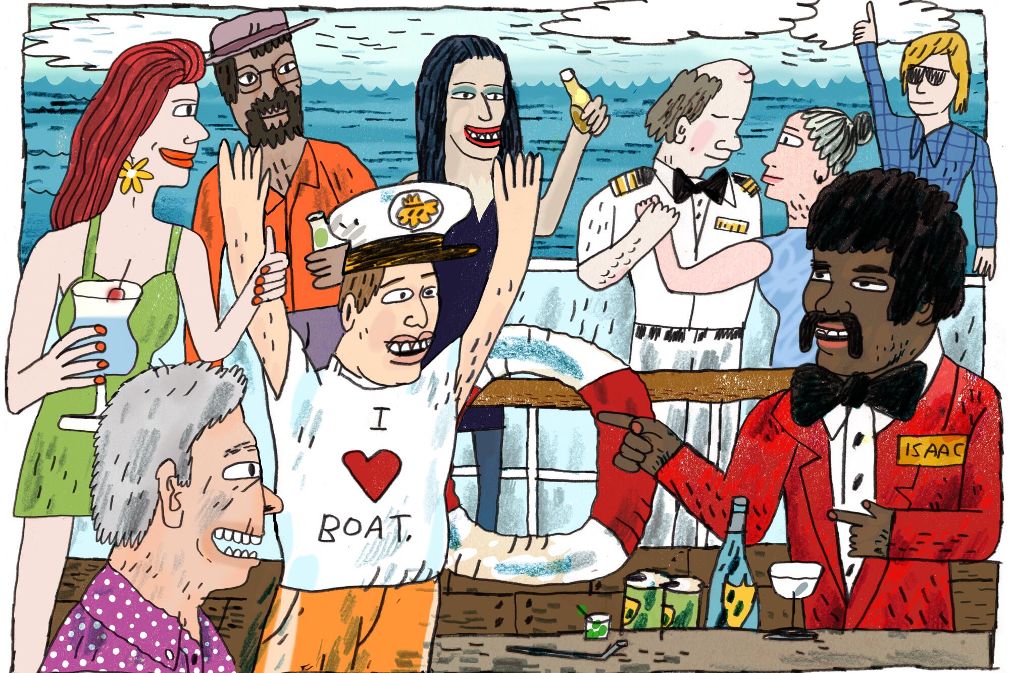 A cartoon illustration of people on a Love Boat-themed cruise ship having a good time while Ted Lange as Isaac tends bar.