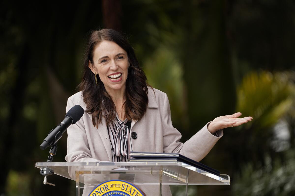 FILE - New Zealand Prime Minister Jacinda Ardern gestures while speaking at the San Francisco Botanical Garden in San Francisco, Friday, May 27, 2022. Australia’s new Prime Minister Anthony Albanese has held face-to-face meetings with the leaders of the United States, India, Japan and Indonesia during his hectic two weeks in office, but he will receive a world leader for the first time when Ardern visits Sydney on Thursday, June 9, 2022. (AP Photo/Eric Risberg, File)