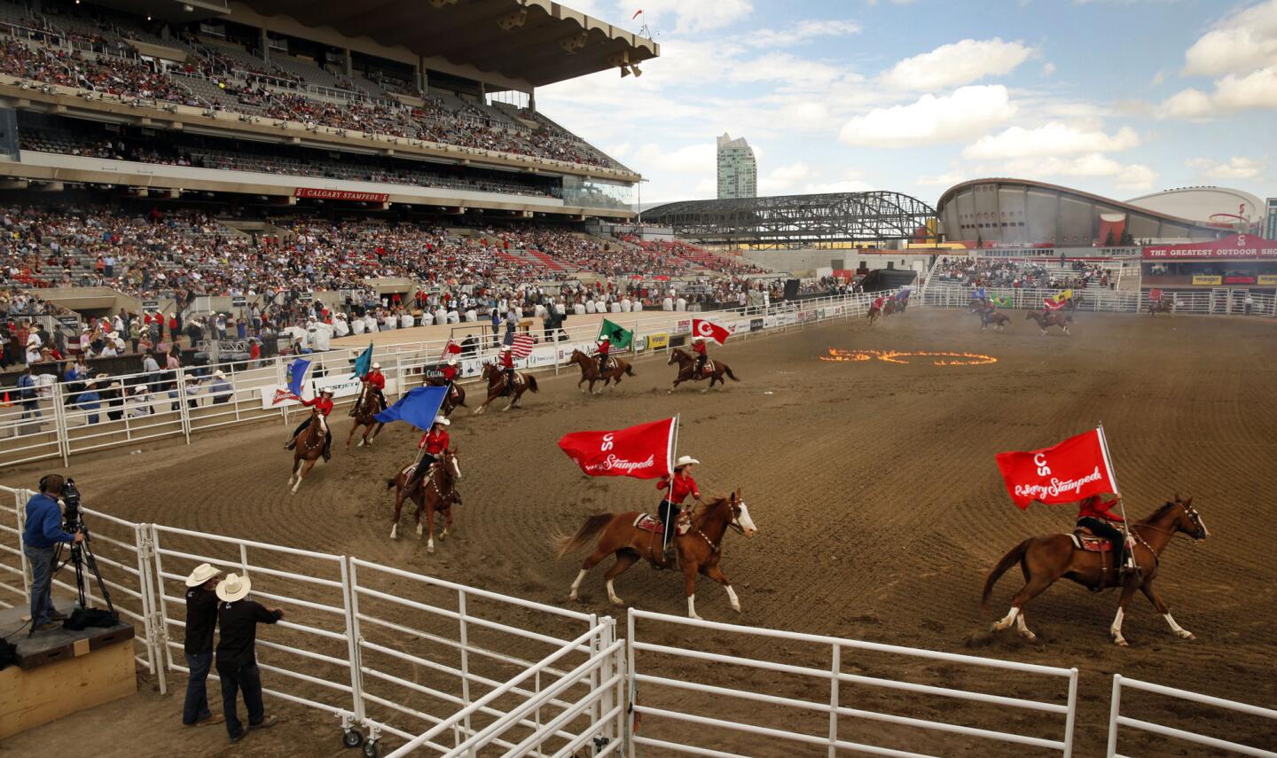 Horsemanship is a central element in the annual Calgary Stampede, which includes a rodeo. These riders were part of opening ceremonies for the 2013 Stampede.