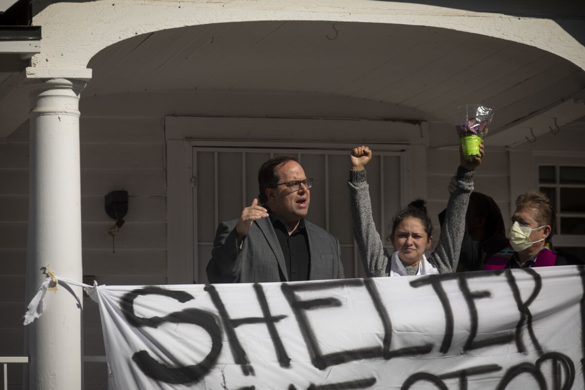 Alex Caputo-Pearl, president of United Teachers Los Angeles, speaks at housing occupation