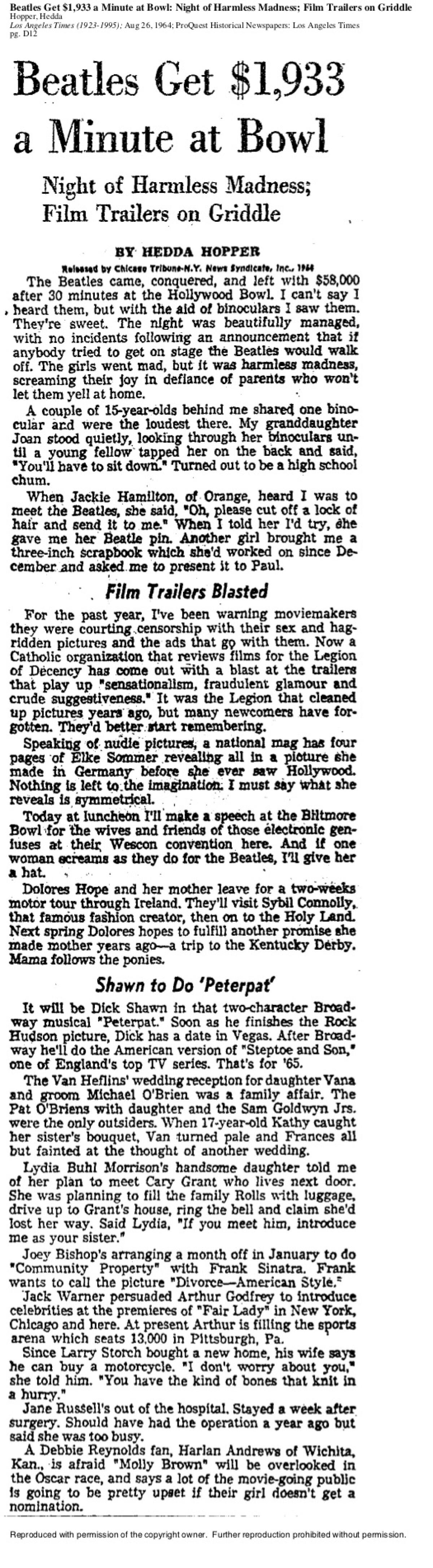August 26, 1964: Times' gossip columnist Hedda Hopper wrote a tongue-in-cheek column about the Beatles' appearance at the Hollywood Bowl that summer.