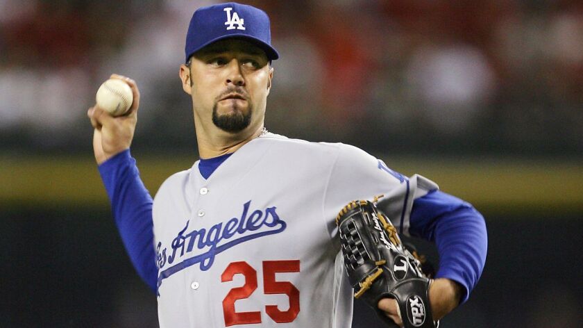 Dodgers' Esteban Loaiza throws a pitch against the Arizona Diamondbacks in the first inning on Sept. 21, 2007 in Phoenix.
