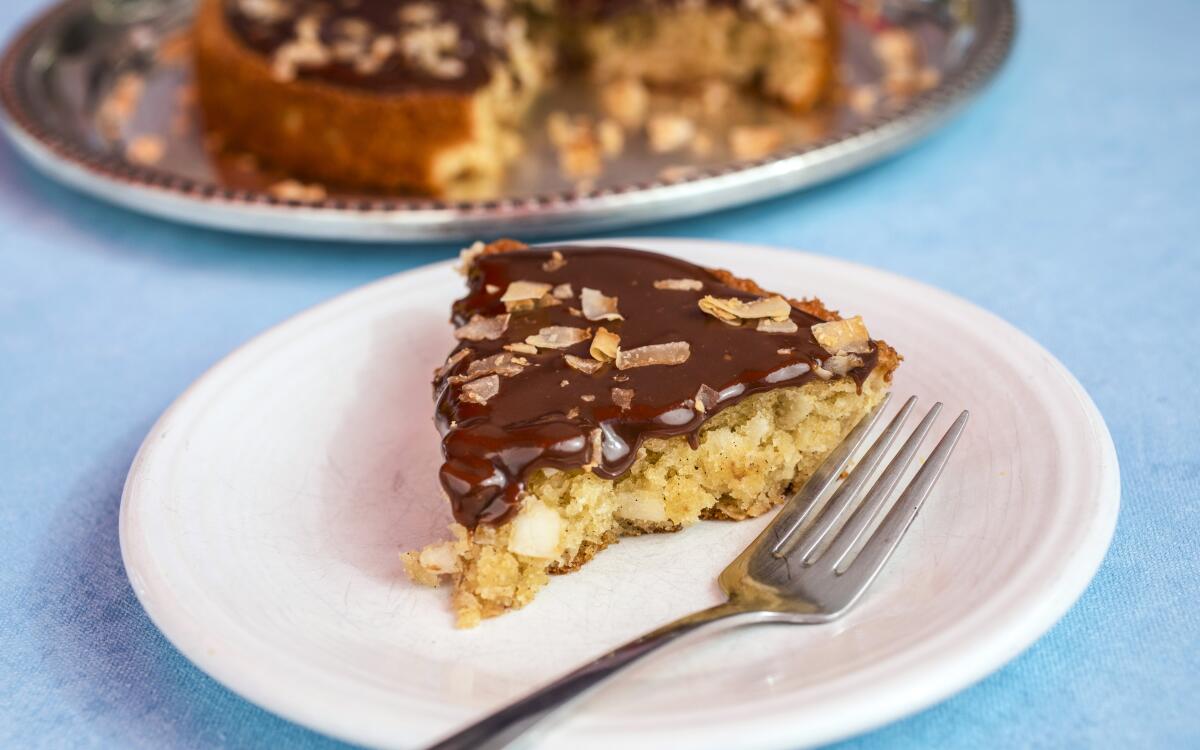 Like a cake-size Mounds candy bar — or a giant macaroon — this simple dessert is wonderful served for Passover or Easter.