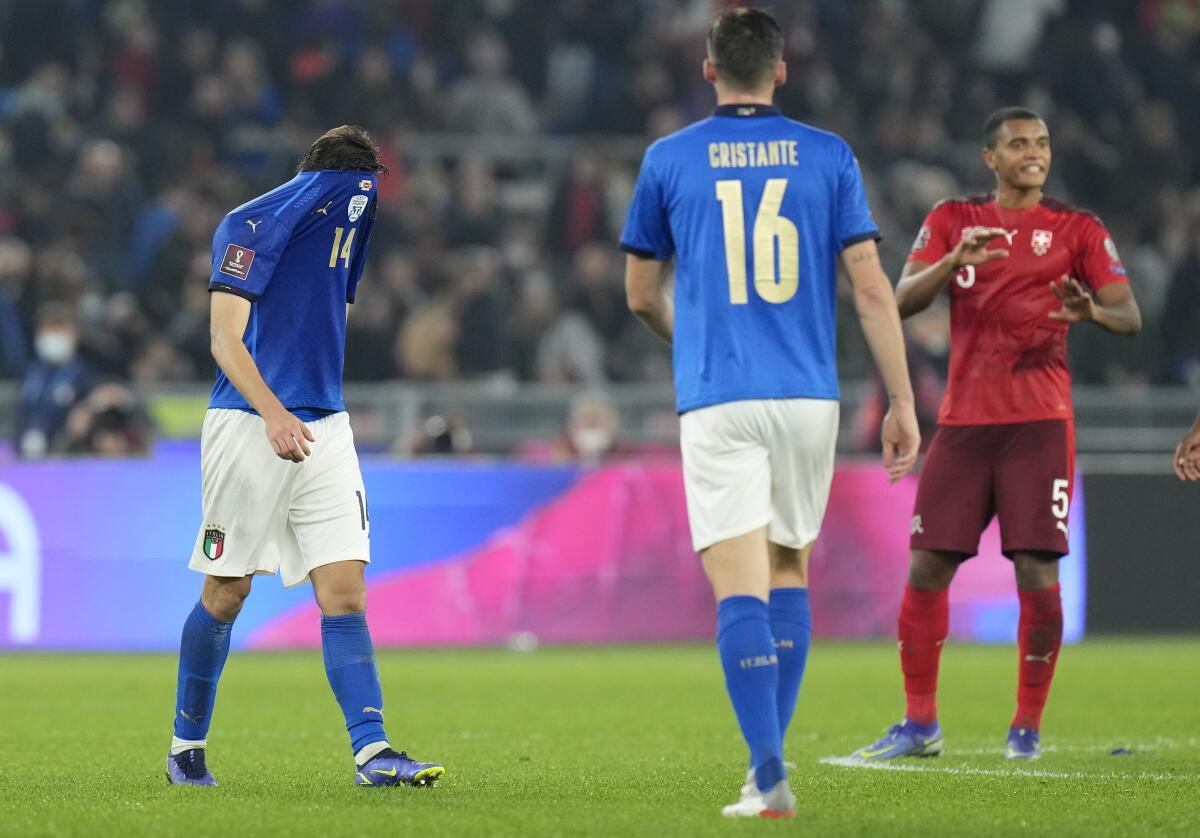 Italy's Federico Chiesa reacts at the end of the the World Cup 2022 group C qualifying soccer match between Italy and Switzerland at Rome's Olympic stadium, Friday, Nov. 12, 2021. (AP Photo/Gregorio Borgia)