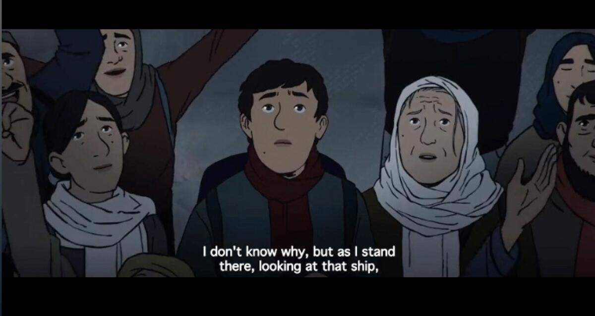Several people stand together and look up in an animated scene from "Flee"