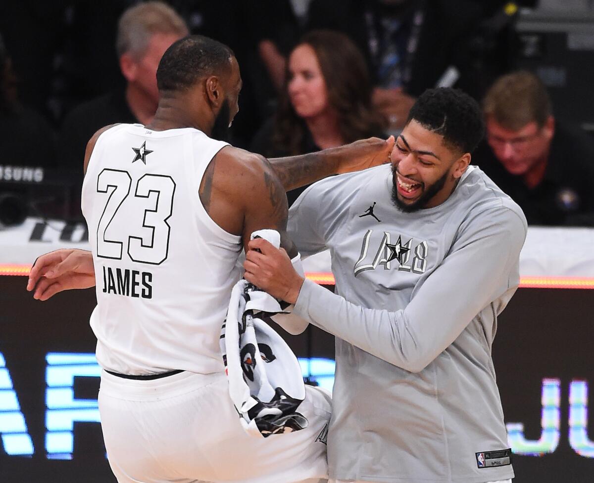 The Los Angeles Lakers have traded Lonzo Ball, Brandon Ingram, Josh Hart and three first-round picks to the New Orleans Pelicans for star Anthony Davis on June 15, 2019. LOS ANGELES, CA - FEBRUARY 18: LeBron James #23 and Anthony Davis #23 of Team LeBron celebrate after winning the NBA All-Star Game 2018 at Staples Center on February 18, 2018 in Los Angeles, California.