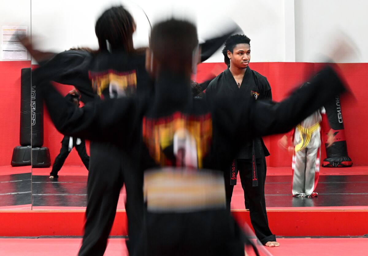 Gregory Woodson, 18, instructs a karate class at Power of One Martial Arts in Carson.