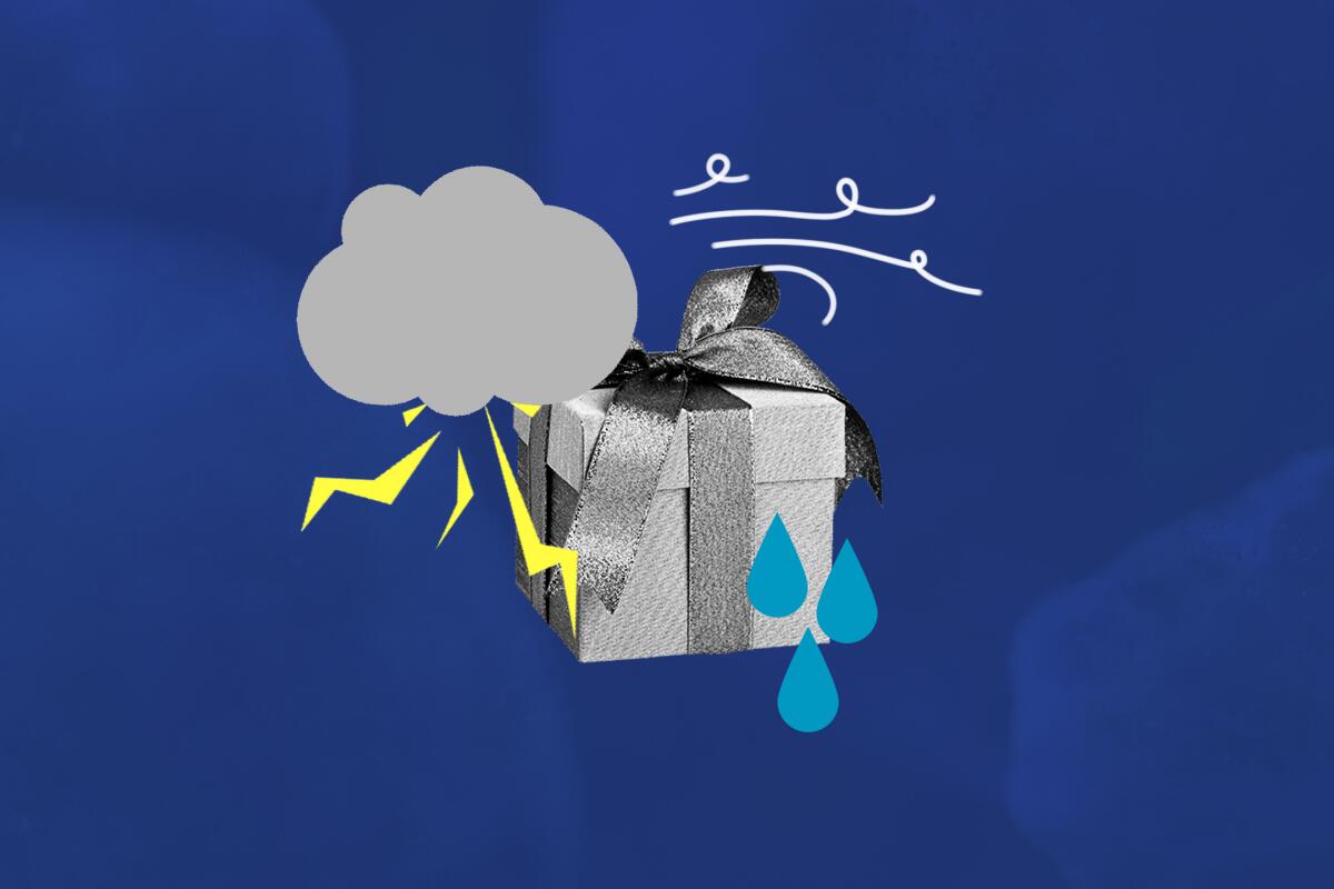 Illustration of a holiday package amid signs of bad weather ahead, including a dark cloud.