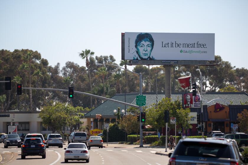 San Diego, California - July 20: Off of Clairemont Mesa Boulevard, a view of one of the 29 "Eat Differently" billboards put up in San Diego on Thursday, July 20, 2023. (Jessica Parga / The San Diego Union-Tribune)
