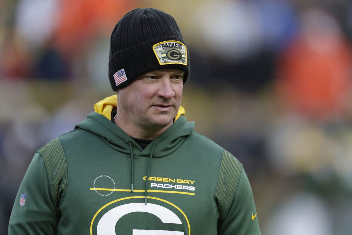 Green Bay Packers oeensive coordinator Nathaniel Hackett is seen before an NFL football game against the Cleveland Browns Saturday, Dec. 25, 2021, in Green Bay, Wis. (AP Photo/Matt Ludtke)