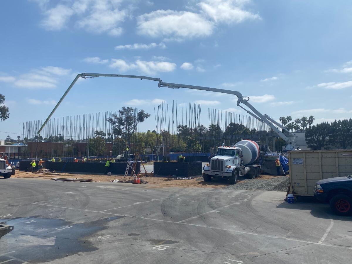 Construction continues on the athletics and activities center for Our Lady Queen of Angels Catholic School in Newport Beach.