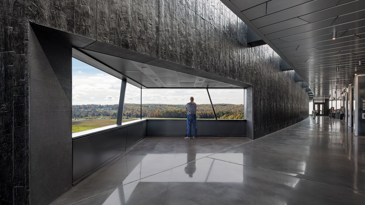 A man stands before a large picture window with views of a meadow and a forest