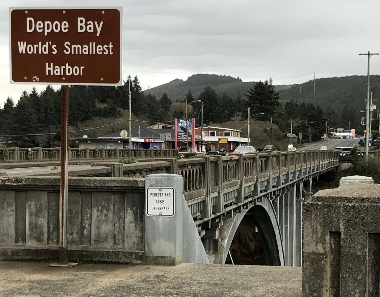 A bridge at Depoe Bay, Ore., which is billed as the world's smallest harbor.