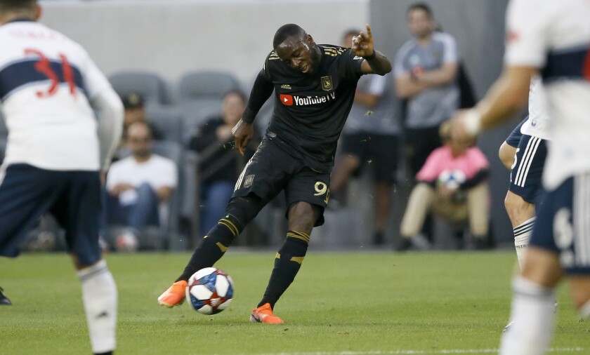 LAFC forward Adama Diomande takes a shot against the Vancouver Whitecaps during the first half on July 6.