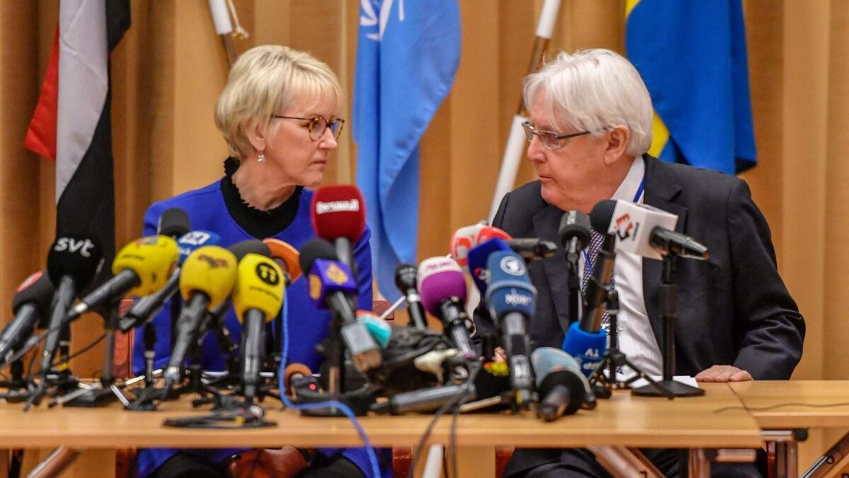 Swedish Foreign Minister Margot Wallstrom, left, and U.N. special envoy to Yemen Martin Griffiths attend the opening news conference of the Yemeni peace talks in Sweden.