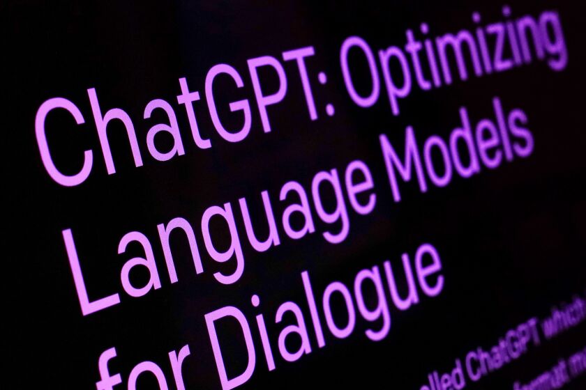 FILE - Text from the ChatGPT page of the OpenAI website is seen in New York, Feb. 2, 2023. Shares of the education technology company Chegg lost half their value Tuesday, May 2, after its CEO warned that OpenAI's free ChatGPT service was cutting into its growth. (AP Photo/Richard Drew, File)