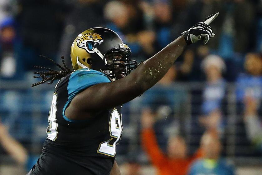 Jaguars defensive tackle Sen'Derrick Marks celebrates a sack during the fourth quarter of Jacksonville's 21-13 win over the Tennessee Titans.